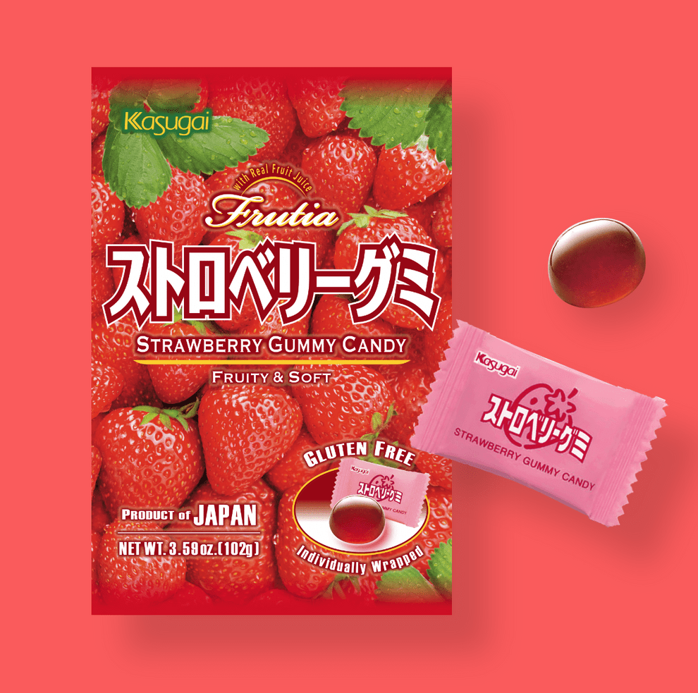 Front view of the Japanese Strawberry Gummy candy wrapper, featuring bold text and a vibrant red background.