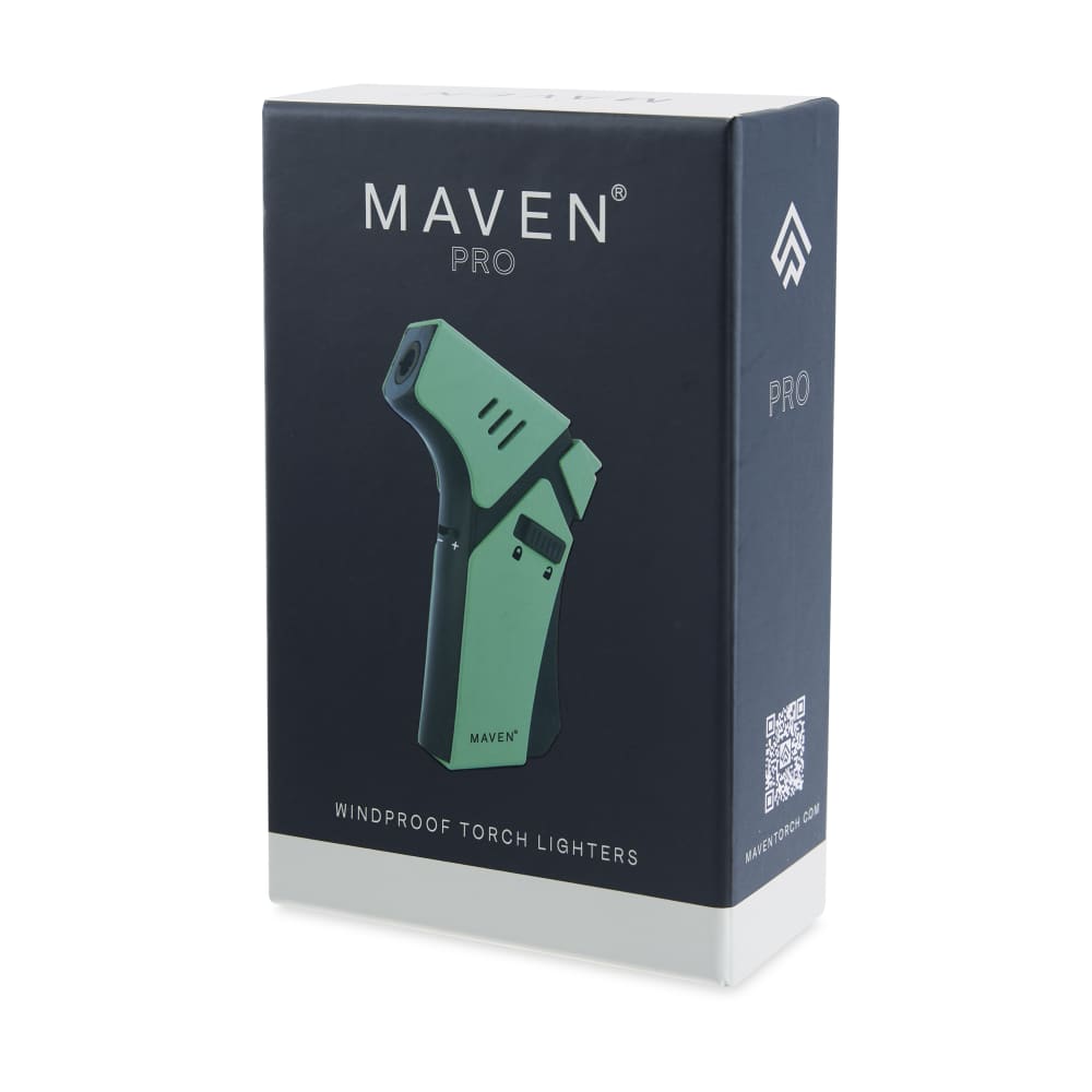 Front view of the Maven Pro Butane Torch Lighter with a sleek, black design and angled flame adjustment wheel.
