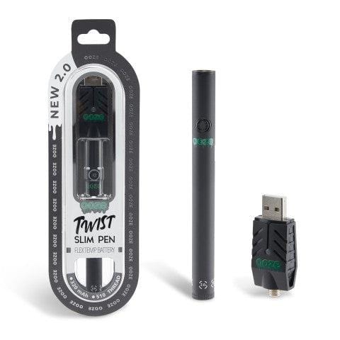 Front view of the Twist Slim Pen 2.0 510 Thread Vaporizer Battery, a sleek, black cylindrical device with a metallic accent.