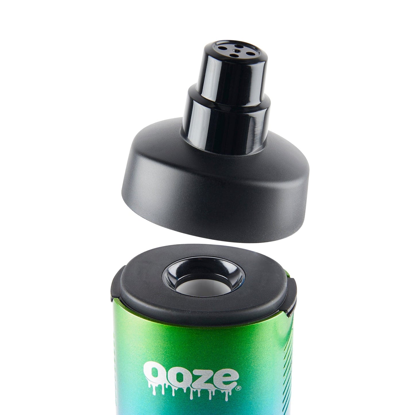 A close-up, angled view of the Ooze Verge Water Pipe Adapter with a dark gray, cylindrical form against a blurred background.
