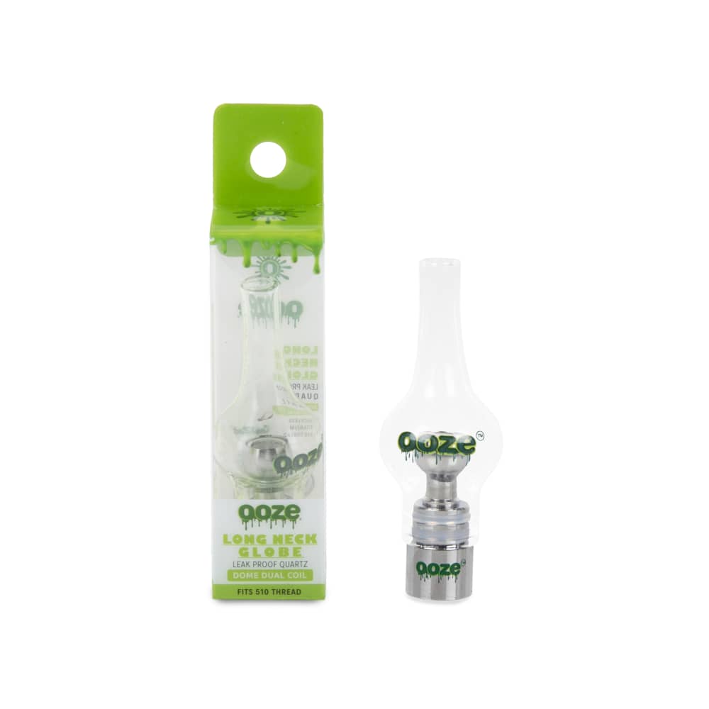 The Ooze Hand-Blown Glass Globe is displayed in a close-up, angled view showcasing its clear glass construction and rounded shape.