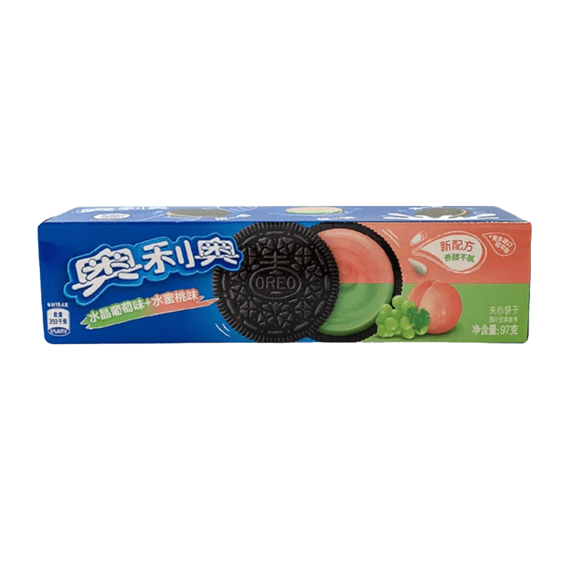 A close-up of Oreo Cookies - Grape & Peach packaging with Chinese text, showing a stack of cookies against a purple backdrop.