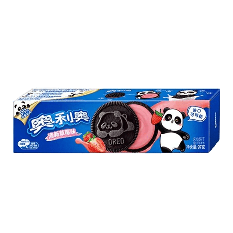 A close-up, angled view of Oreo Cookies - Strawberry packaging with Chinese text, displaying the cookies inside.