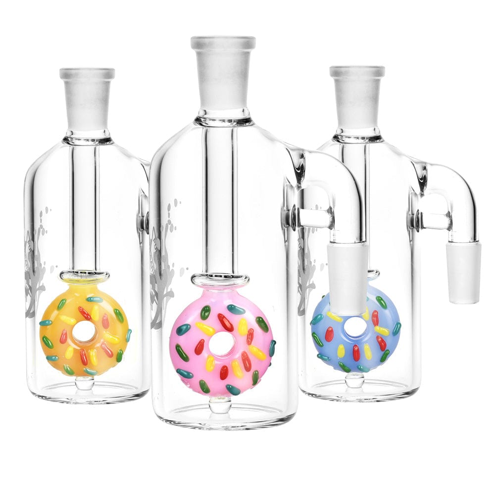Front view of the Donut Perc Ash Catcher, a clear glass piece with colorful percolator bubbles visible inside.