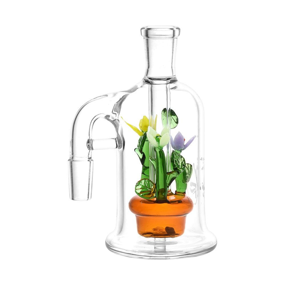 A detailed side view of the Pulsar Wild Flowers Glass Ash Catcher shows vibrant floral details within clear glass.