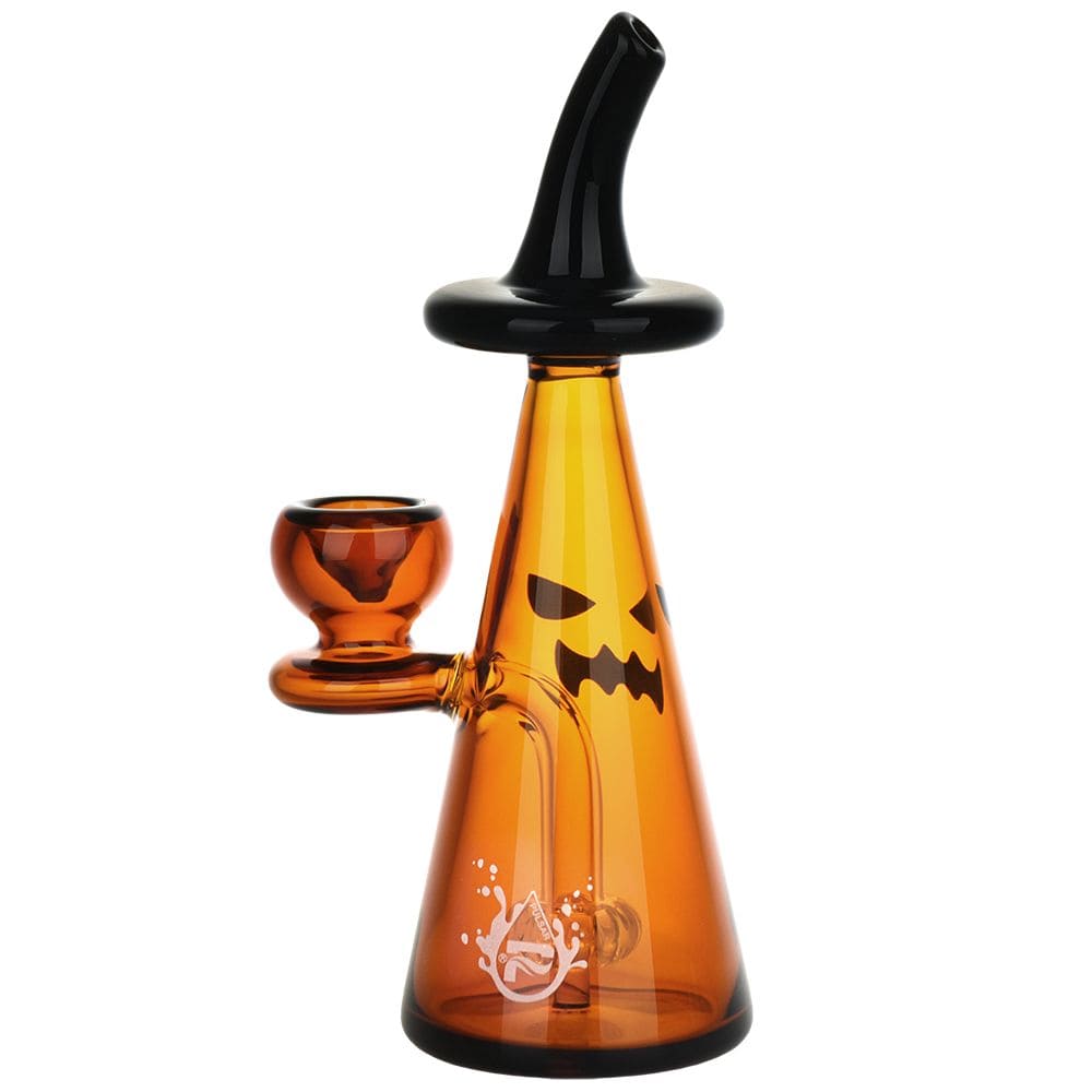 A front view of the 6.5” Pulsar Witching Season Glass Bubbler, showcasing its curved neck and orange tinted glass.
