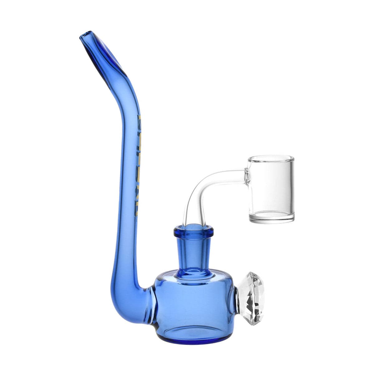 A front view of the Diamond Sherlock Concentrate Pipe, a blue glass pipe with a curved neck, presented against a plain white background.