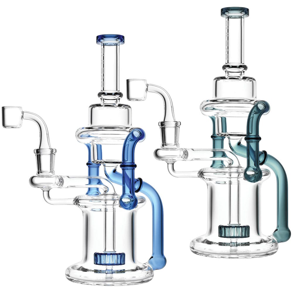 Front view of the Double Chamber Recycler Rig, a clear glass piece with a unique double-chamber design and prominent joint.