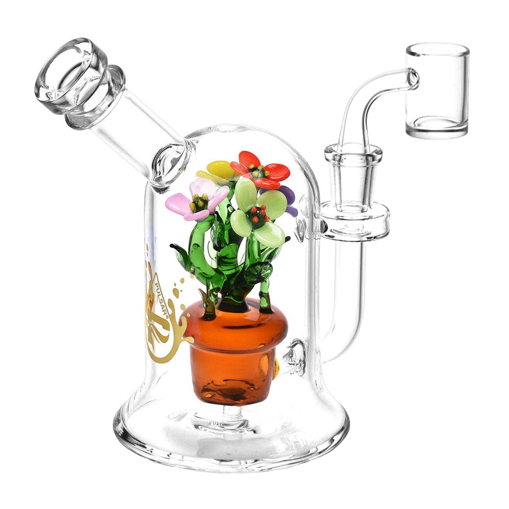 The Pretty Flowers Dab Rig is displayed in a three-quarter view, featuring colorful flower-like accents on its glass body.