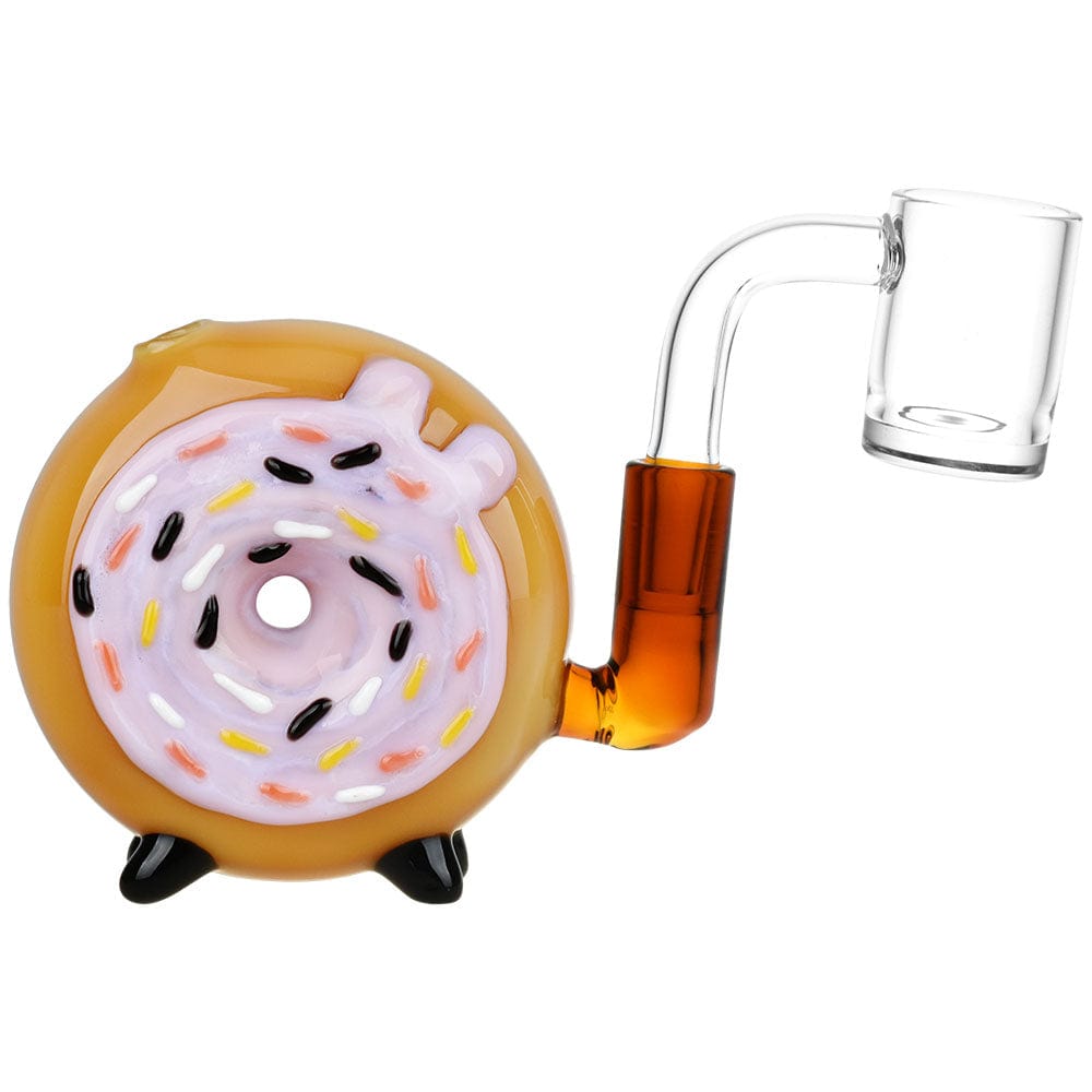 A three-quarter view of the Donut Mini Chugger Rig, showcasing its colorful, rounded shape and clear glass stem.