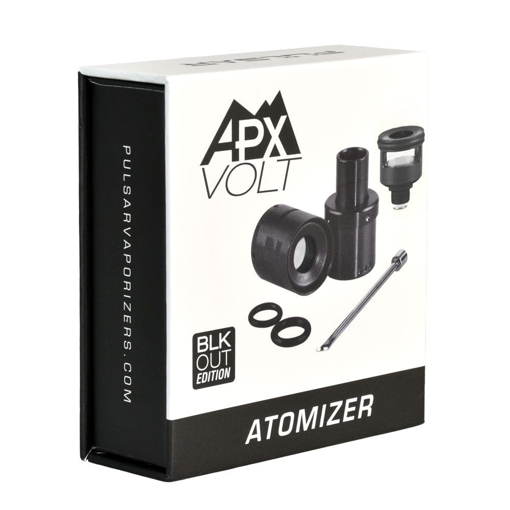 Front view of the APX Volt V3 Atomizer Kit in black, showcasing its metal construction and components arranged on a dark background.