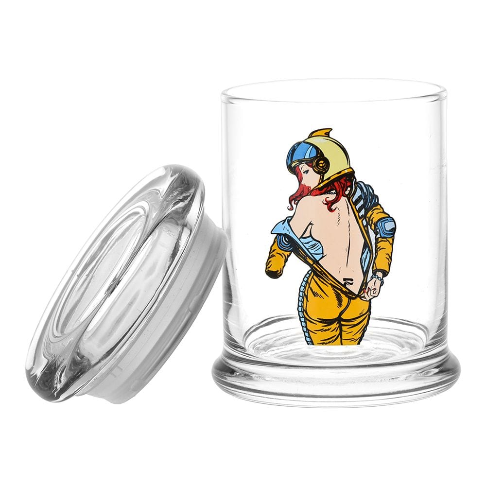 A side view of the 420 Jars Pop Top Zero G Strip container with the lid slightly ajar, showcasing its clear glass construction.