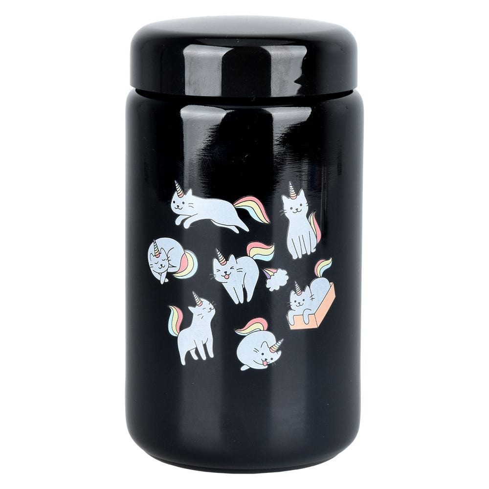 Front view of the 420 Jars UV Screw Top Caticorns jar, decorated with cartoon cat-unicorn illustrations on a black background.
