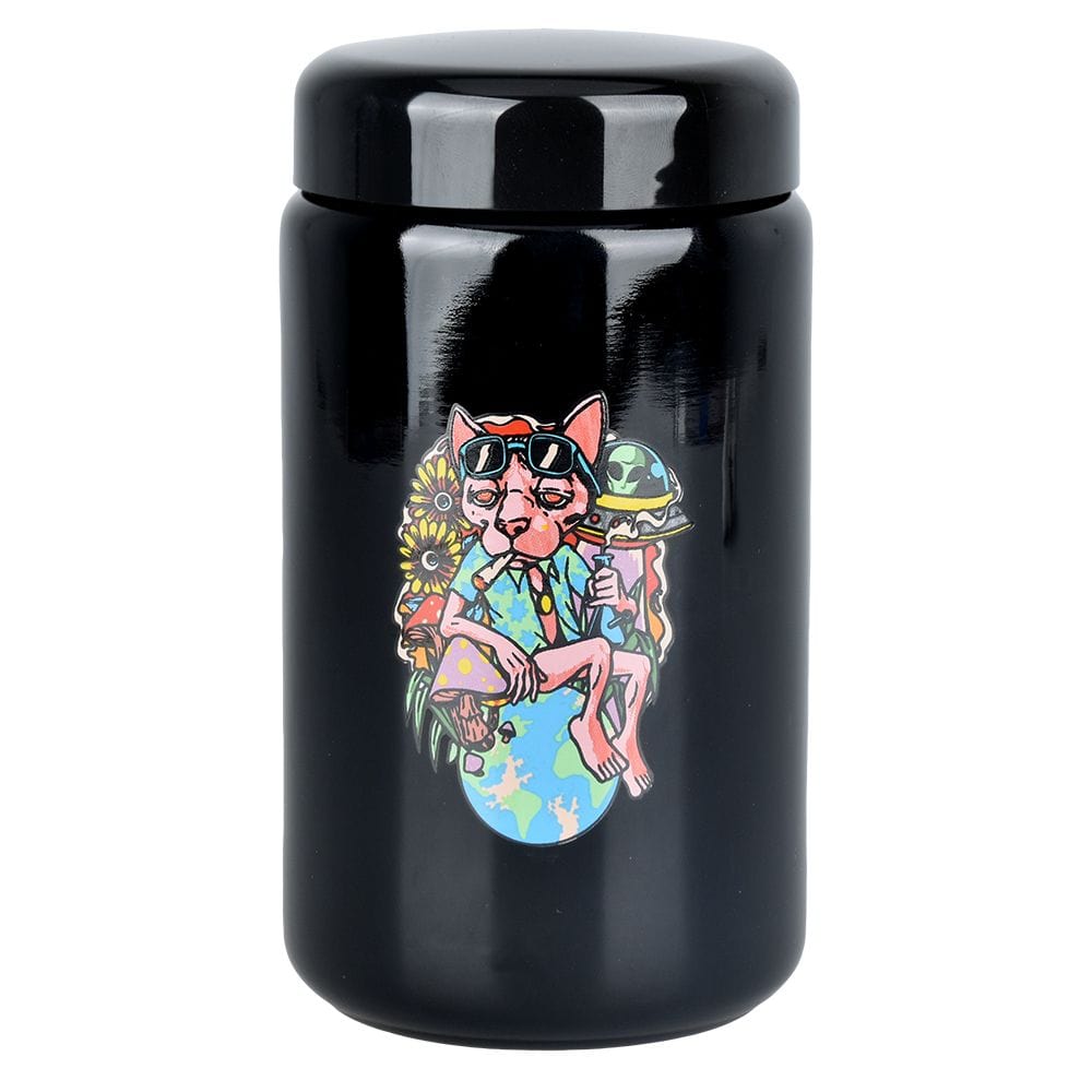 A front view of the 420 Jars UV Screw Top Chill Cat jar featuring a cartoon cat illustration on a vibrant, colorful background.