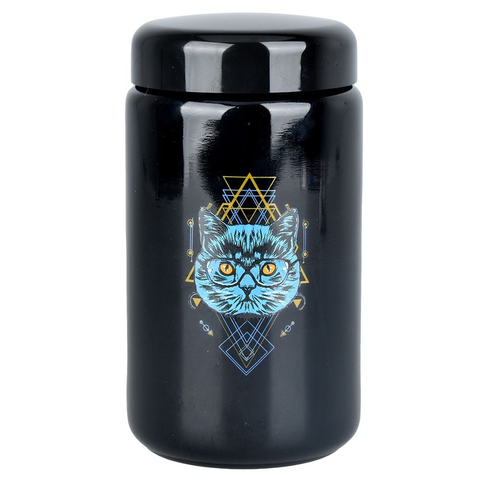 Front view of the 420 Jars UV Screw Top Sacred Cat, showcasing a black jar with a detailed cat graphic on the front.