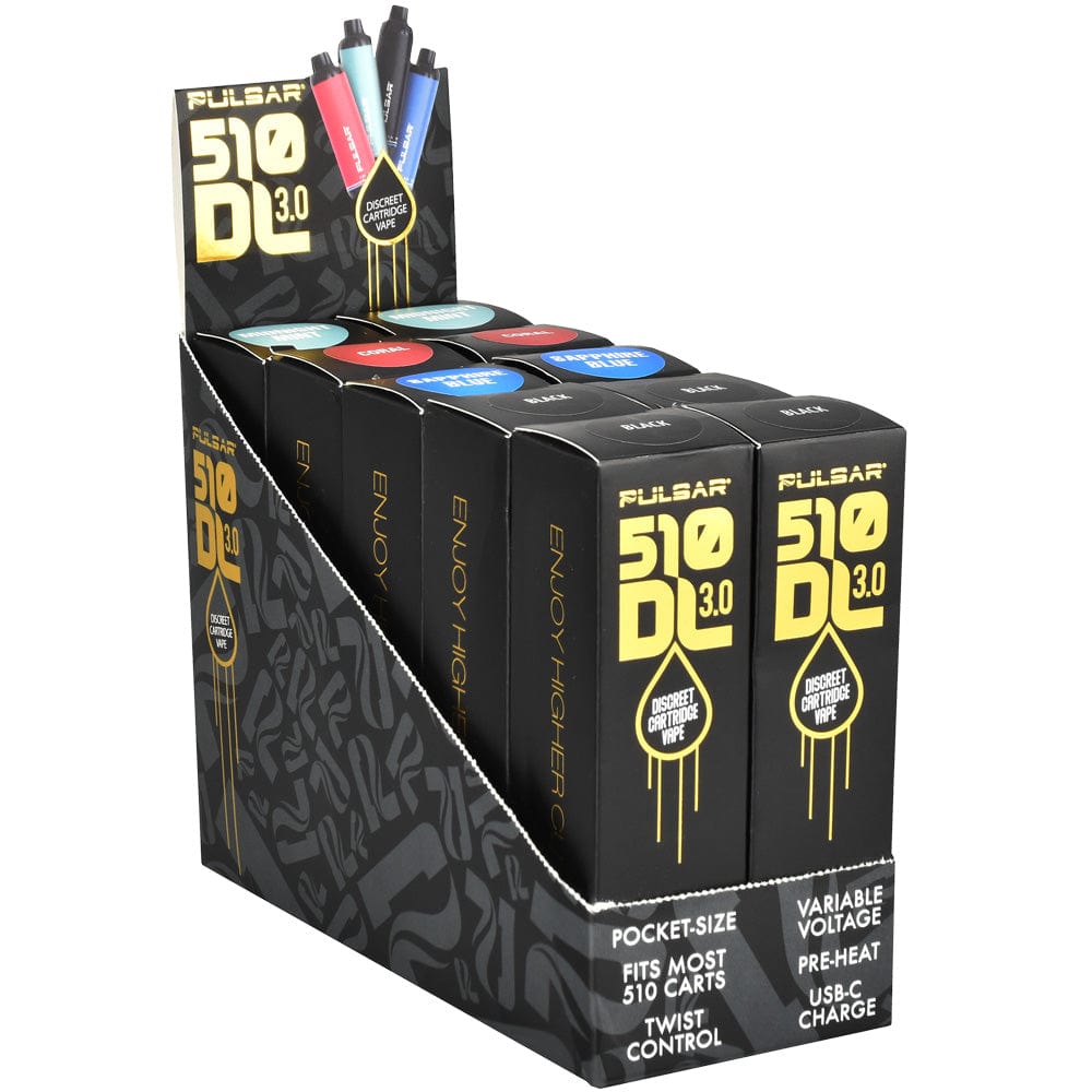 A slightly angled close-up of the 510 DL 3.0 Twist Variable Voltage Vape Pen, displaying its branding against a dark backdrop.