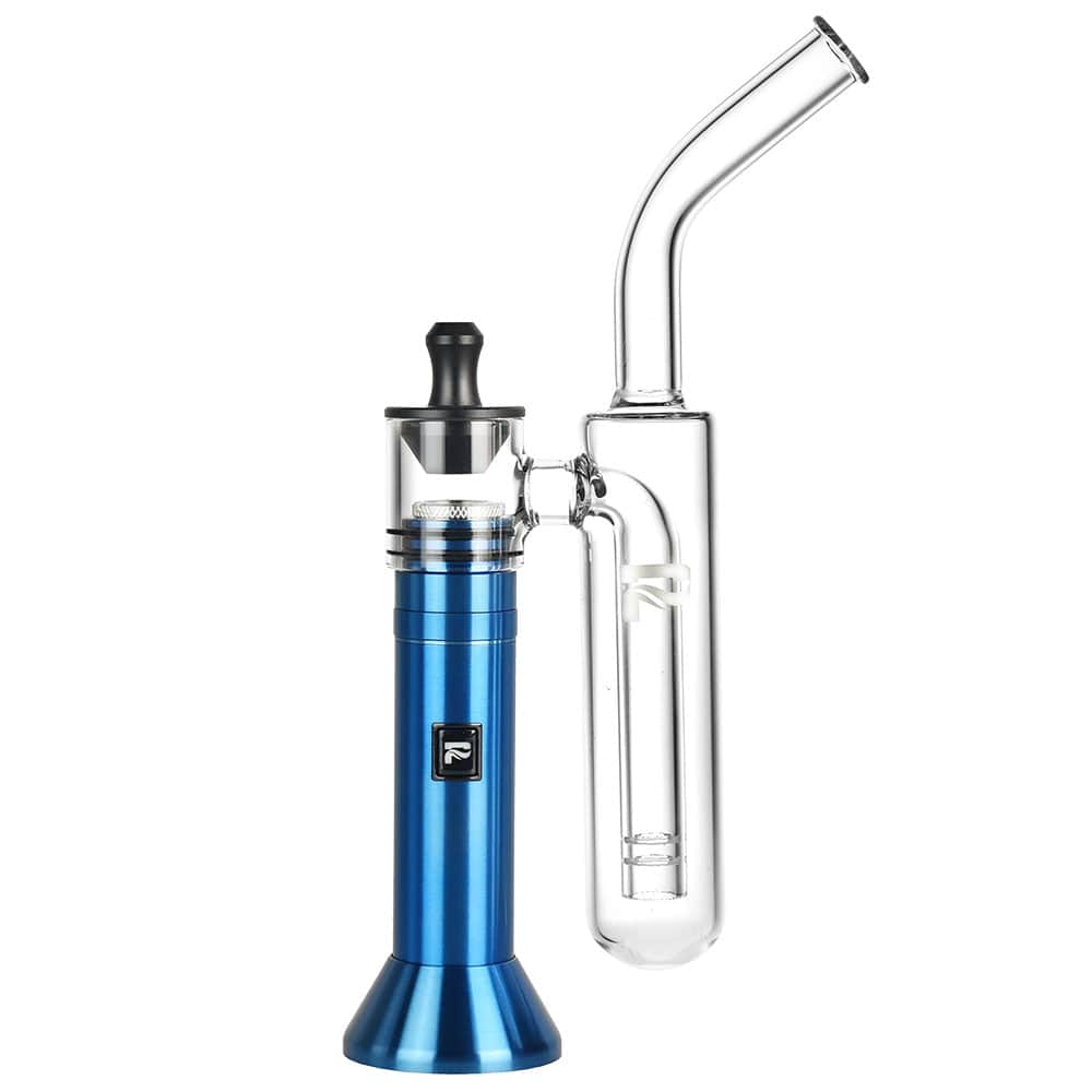 Front view of the Barb Fire H2O Variable Voltage Wax Vape Kit, a sleek, blue metallic device with a clear glass mouthpiece.