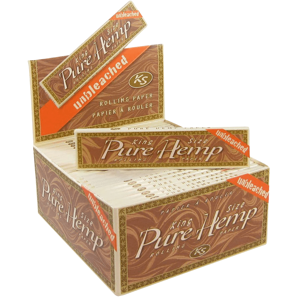 A stack of unopened Pure Hemp Unbleached King Size Rolling Papers is pictured at a slight angle against a white backdrop.