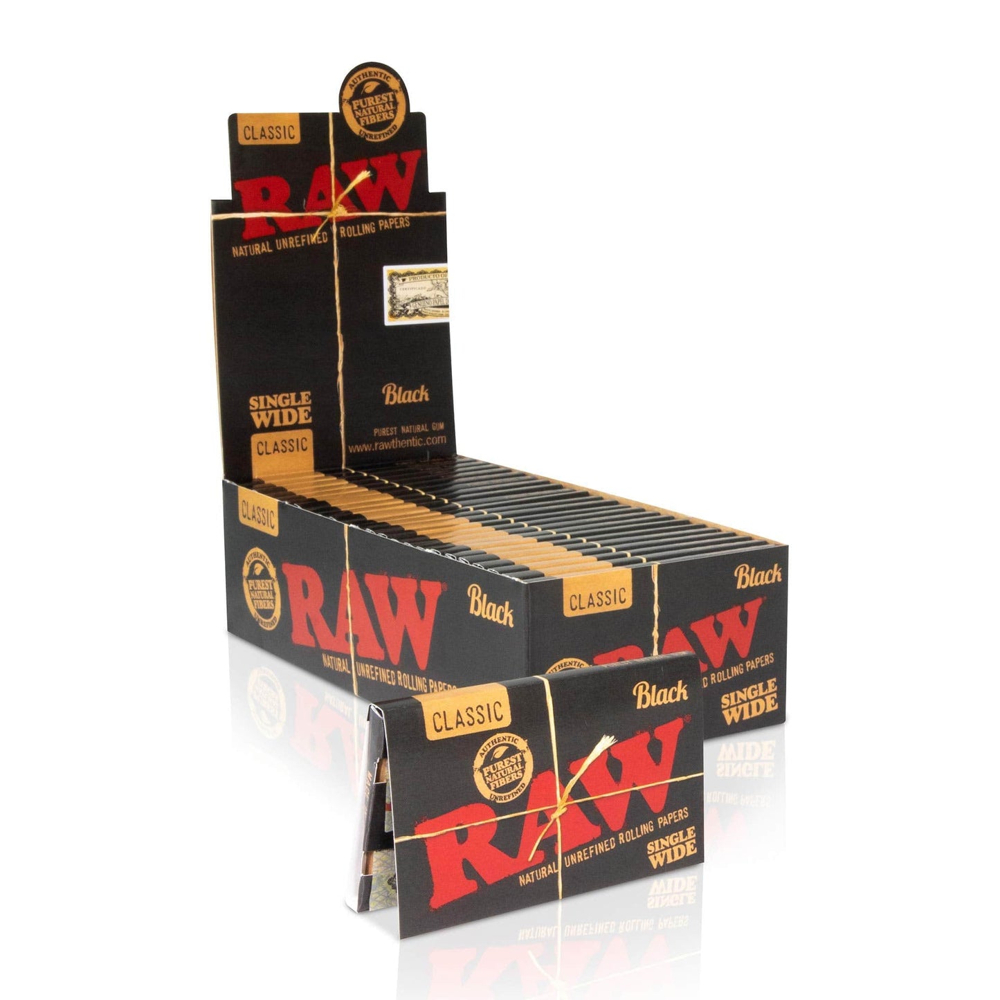 A slightly angled, close-up shot of a booklet of RAW Black Single Wide Rolling Papers with a dark background and visible branding.