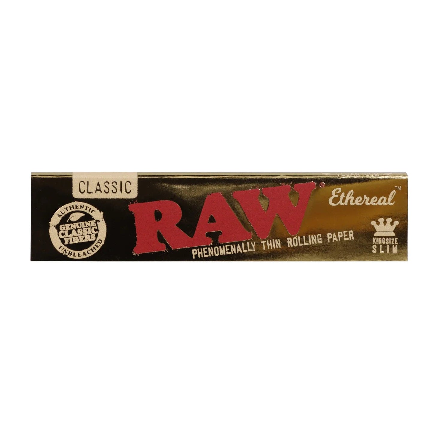 Front view of the RAW Ethereal King Size Slim Rolling Papers package, displaying the brand logo against a dark background.