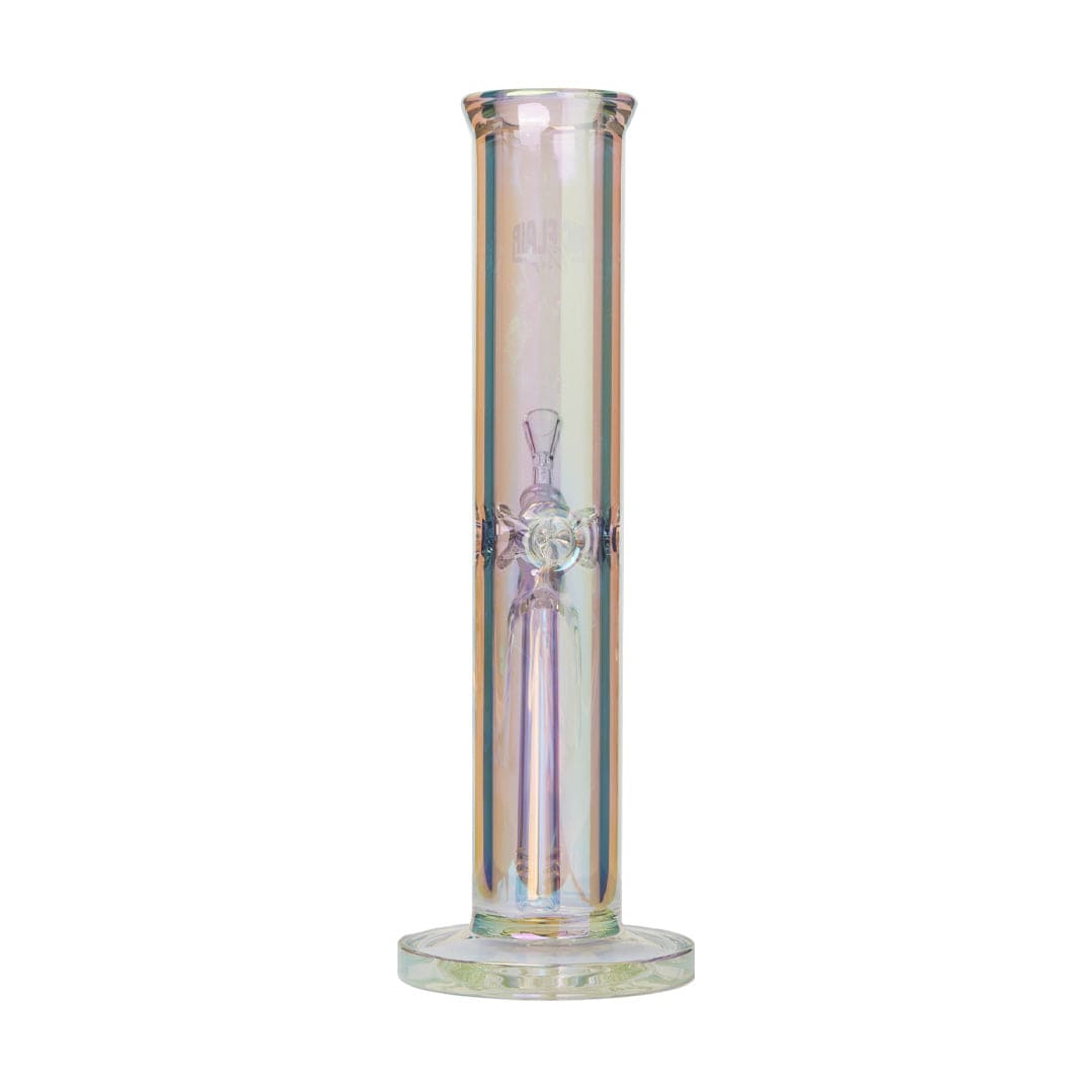 A front view of the Ric Flair Drip Water Pipe, a clear glass pipe with a simple cylindrical form.