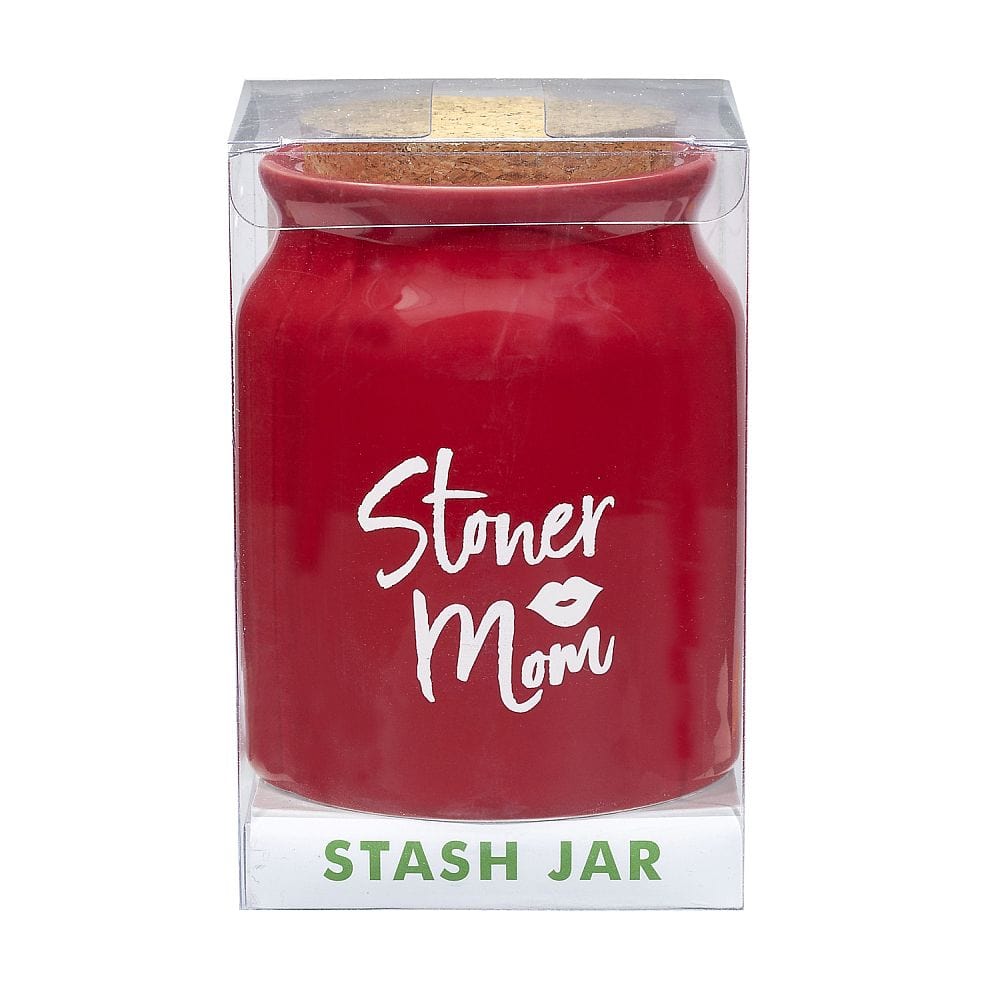Front view of the Stoner Mom Ashtray and Stash Jar set, showcasing a red jar with a lid.