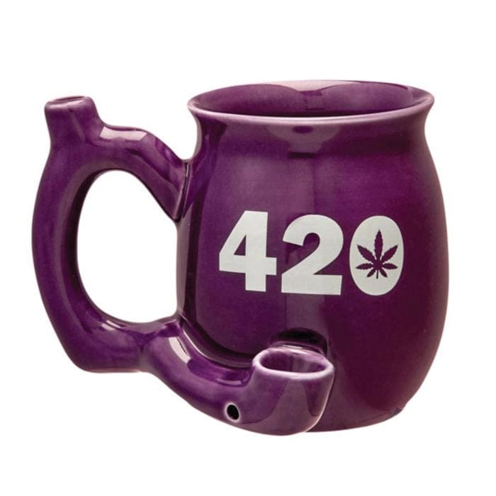 Front view of the 420 Ceramic Pipe Mug, a purple 10.5oz ceramic mug shaped like a pipe.