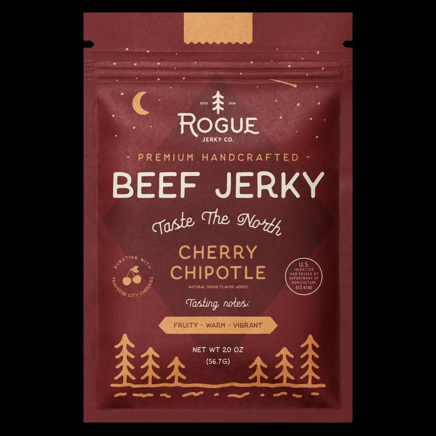 Front view of Cherry Chipotle Beef Jerky packaging with a rustic, dark color scheme and prominent branding details.