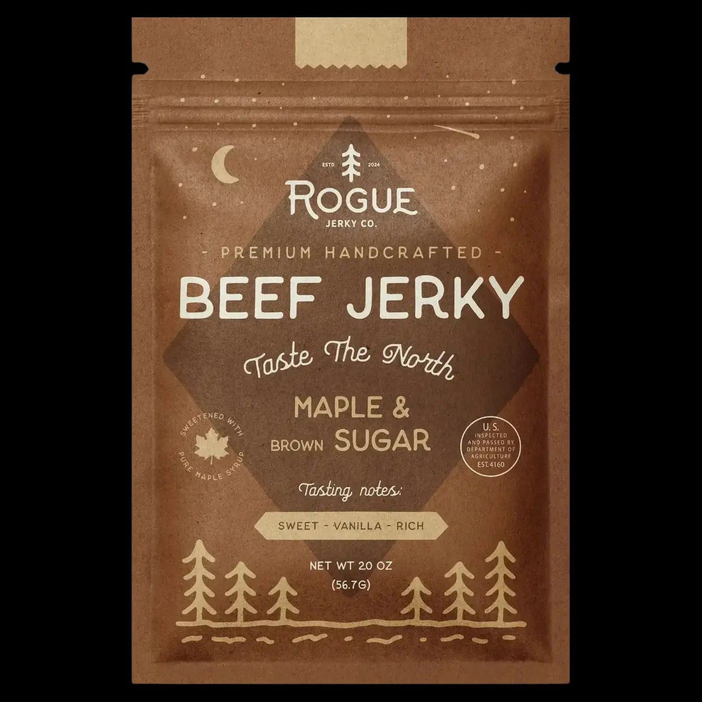 Close-up of Maple & Brown Sugar Beef Jerky packaging with a rustic, vintage design and text arranged around a central graphic.