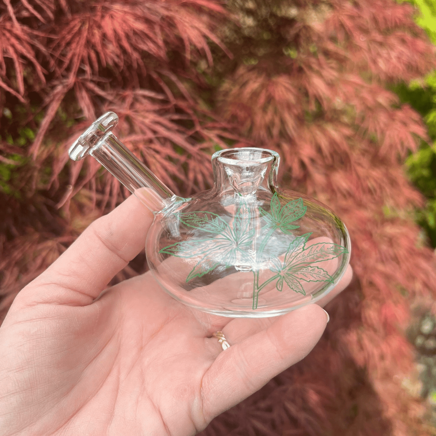 A hand holds the Lil Sprout Bubbler, a clear glass piece with a rounded shape and visible joint, against a fuzzy pink backdrop.