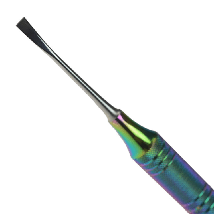 Close-up view of the Anodized Flexy Dabber, featuring a metallic tip and textured handle against a dark background.