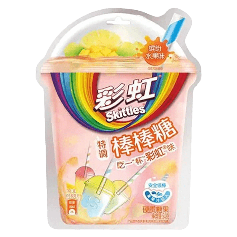 A close-up, angled view of Skittles - Mixed Fruit Lollipops in a clear plastic wrapper with bright, colorful branding.