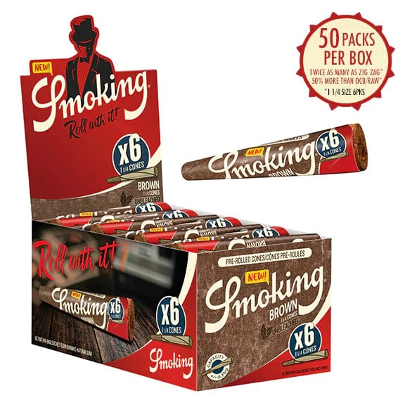 Front view of the Smoking BROWN King Size Unbleached Cones packaging, displaying a stack of cone boxes with a red and gold label.