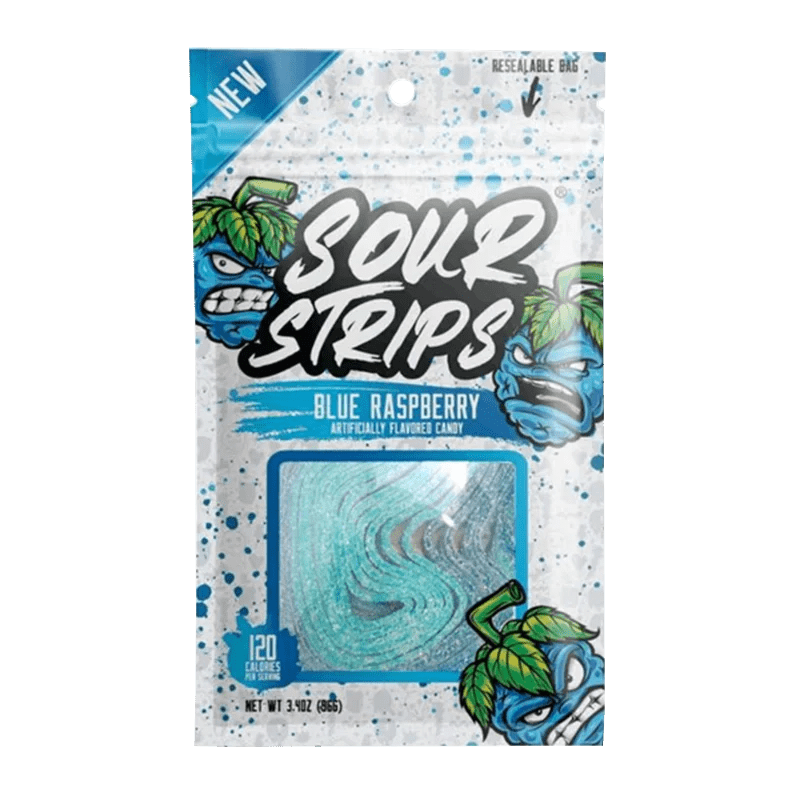 A close-up of Sour Strips - Blue Raspberry Candy Strips packaging with bold lettering and graphic elements on a dark background.