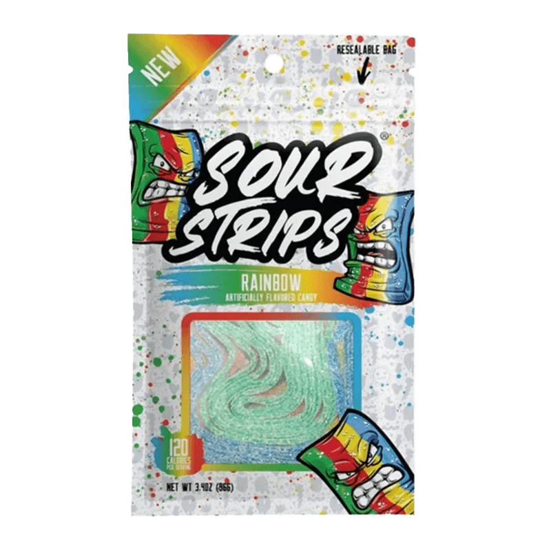 Front view of the Sour Strips - Rainbow Candy Strips packaging, showing a colorful, sealed bag with bold lettering and branding.