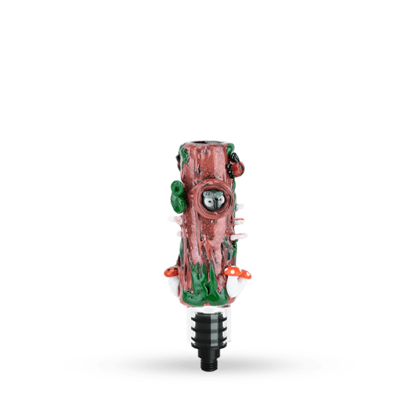 A close-up, angled view of the Empire Glassworks Small Upstem, showing its textured, colorful glass design.