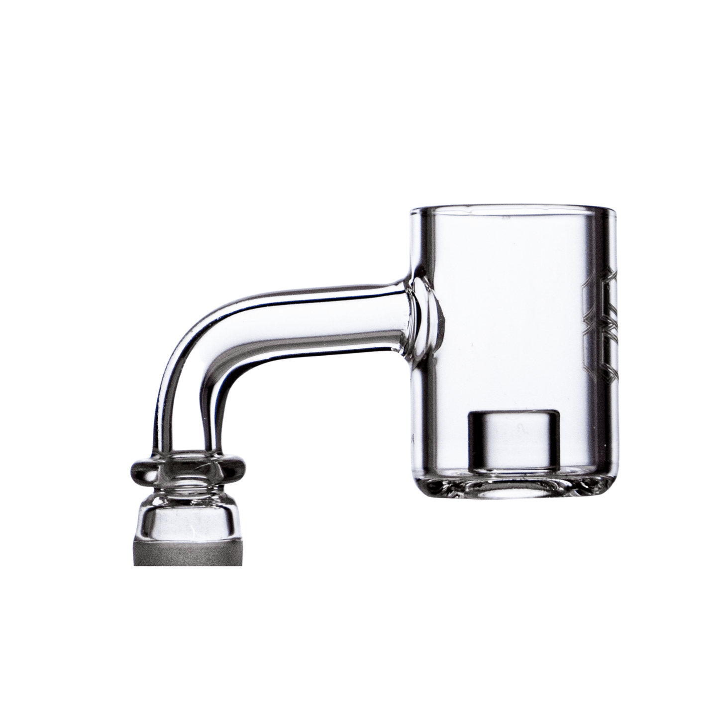 Close-up view of the Core Banger, a clear glass insert with a joint connection, angled against a dark background.