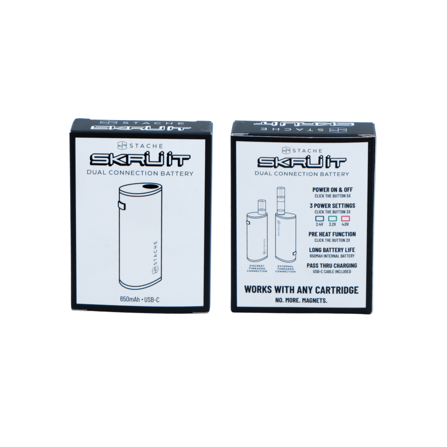 A close-up, angled view of the Skruit battery, displaying its branding and text labels against a dark background.