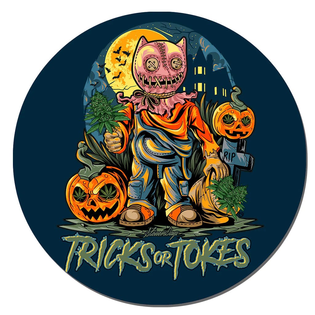 Holiday Themed Dab Mats feature a spooky, front view of a pumpkin-headed figure emerging from a graveyard under a full moon.