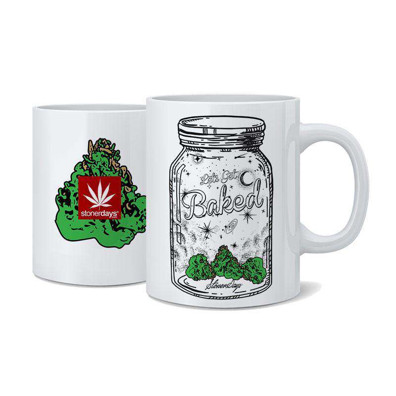 A front view of the Lets Get Baked Mason Jar Coffee Cup, featuring a graphic of cannabis leaves on white ceramic.