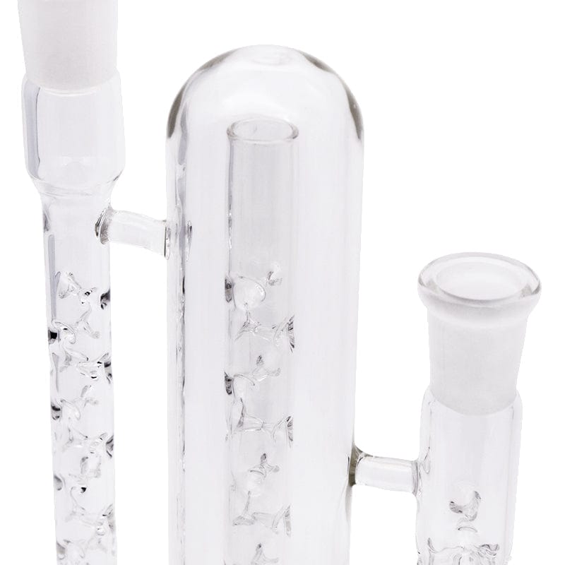 A close-up, angled view of The Cactus Cooling Whip Dry Pipe, showcasing its clear glass construction and streamlined design.