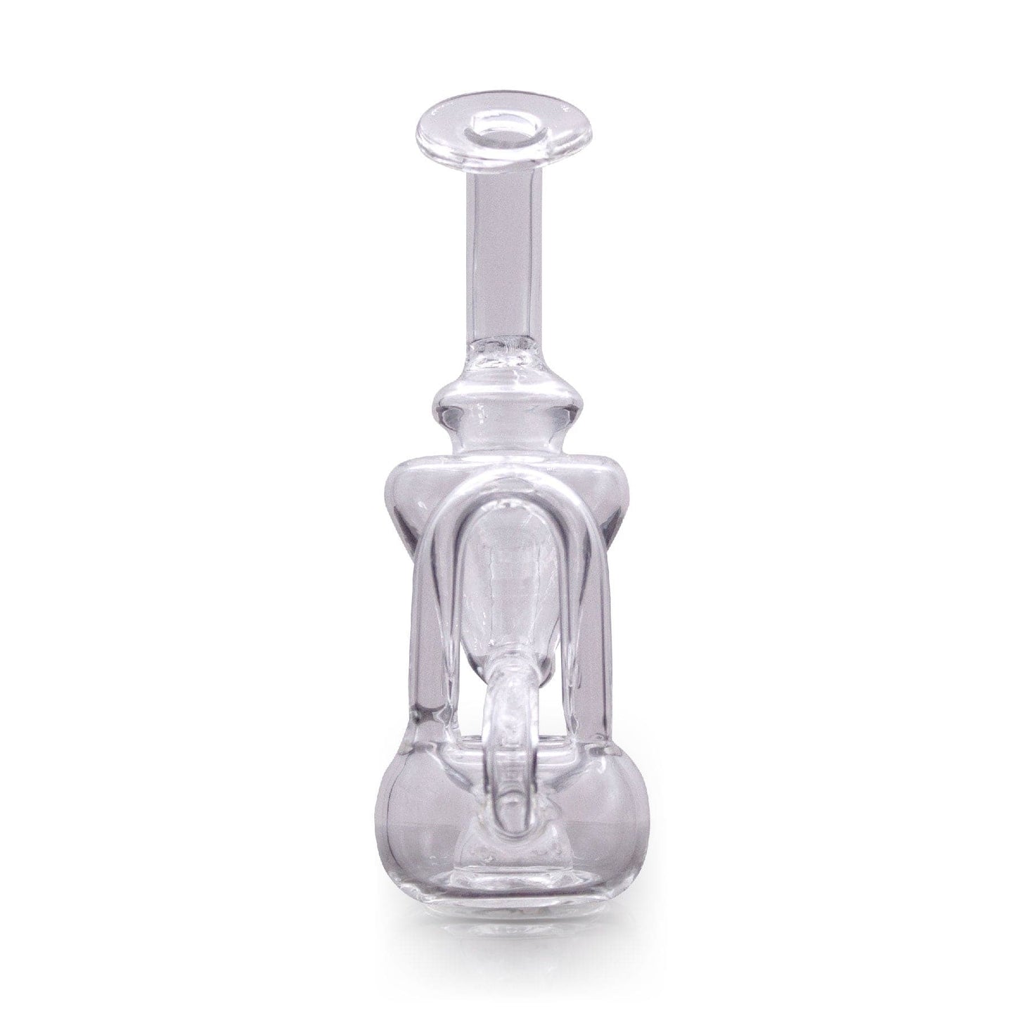 A front view of the 5" Backwinder Recycler Mini Rig, showing the clear glass with a unique bubbler design.