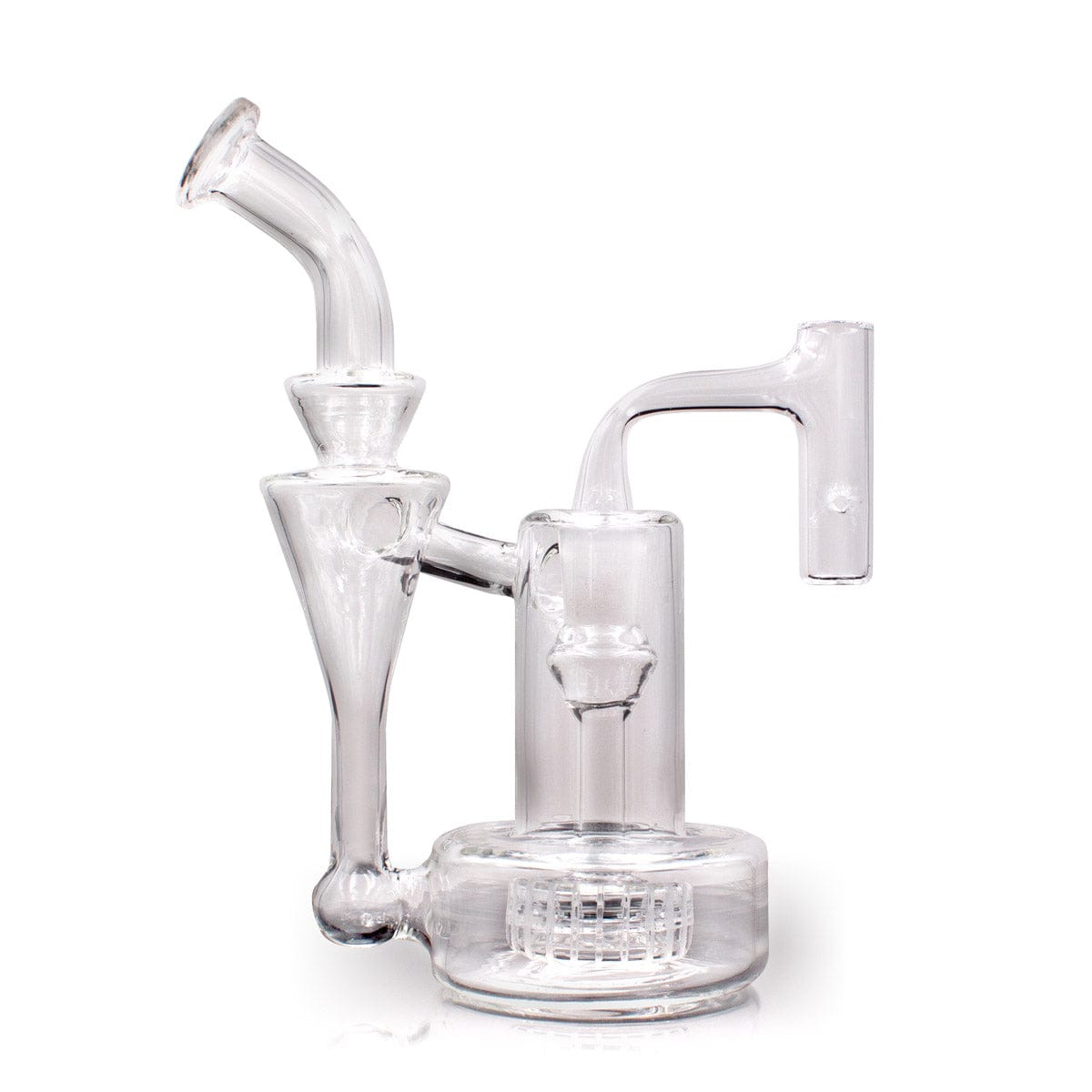 A slightly angled studio shot of the 7.25 Matrix Recycler Water Pipe, showcasing its clear glass construction and unique recycler design.