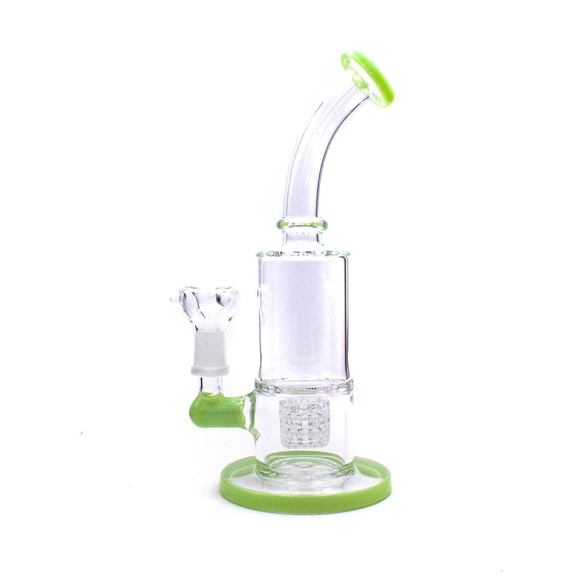 Front view of the 9.5" Matrix Percolator Rig, showing the clear glass construction and unique percolator bubbles inside.