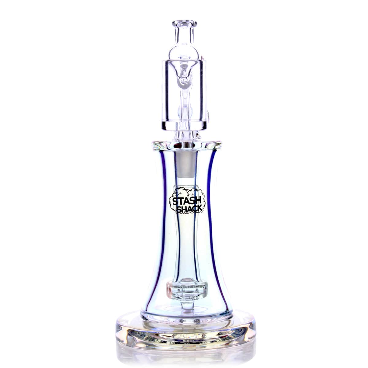 The Aurelia Mini Rig is displayed in a close-up, front view, showcasing its clear glass construction and compact size.