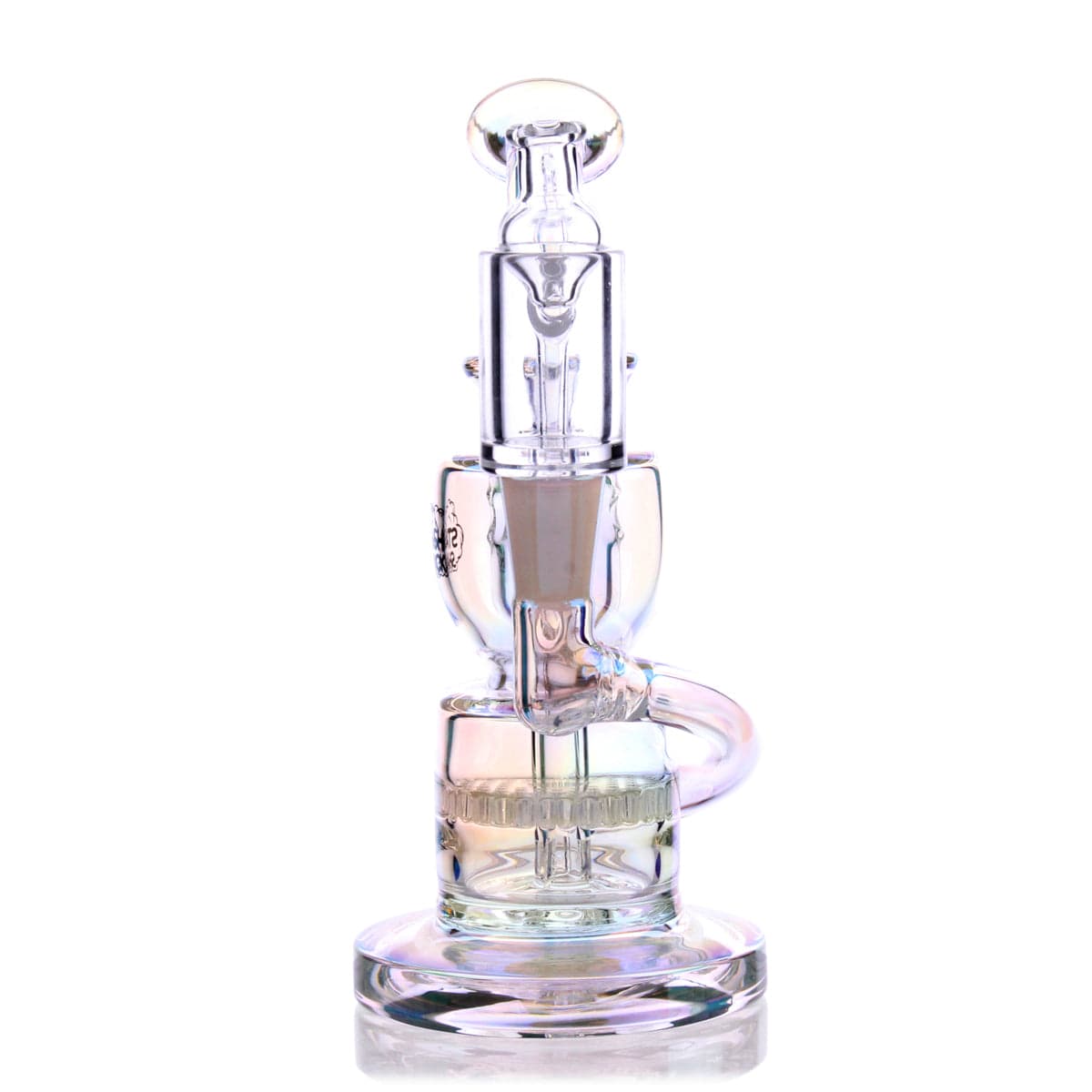 A three-quarter view of the Dahlia Mini Rig, showing the clear glass construction and compact size against a bright background.