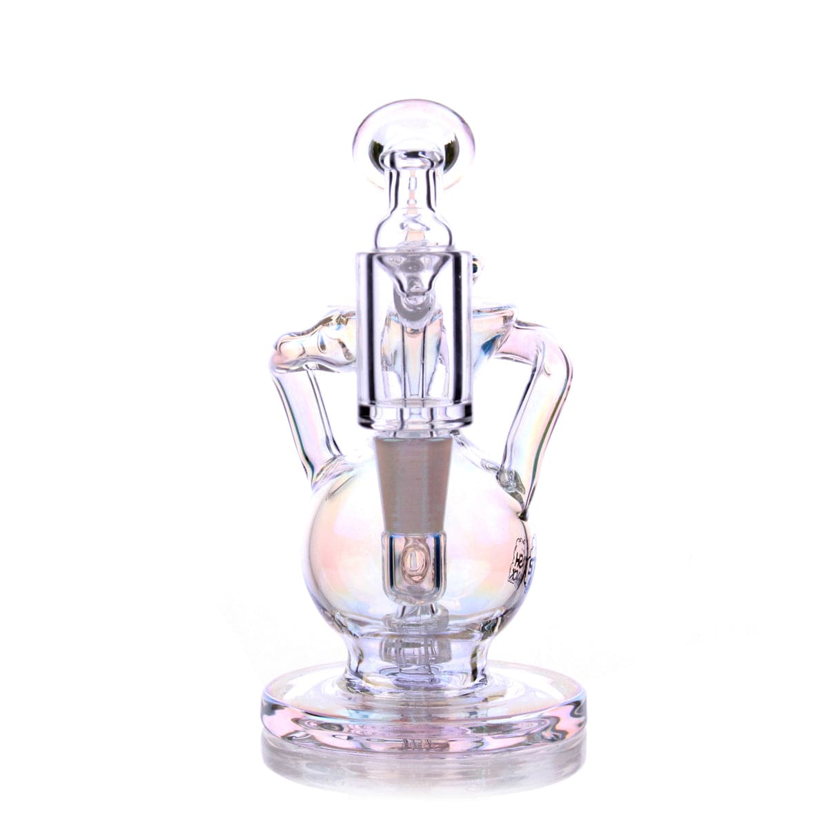 Front view of the Lirio Mini Rig, a clear glass rig with a simple, compact design on a white surface.