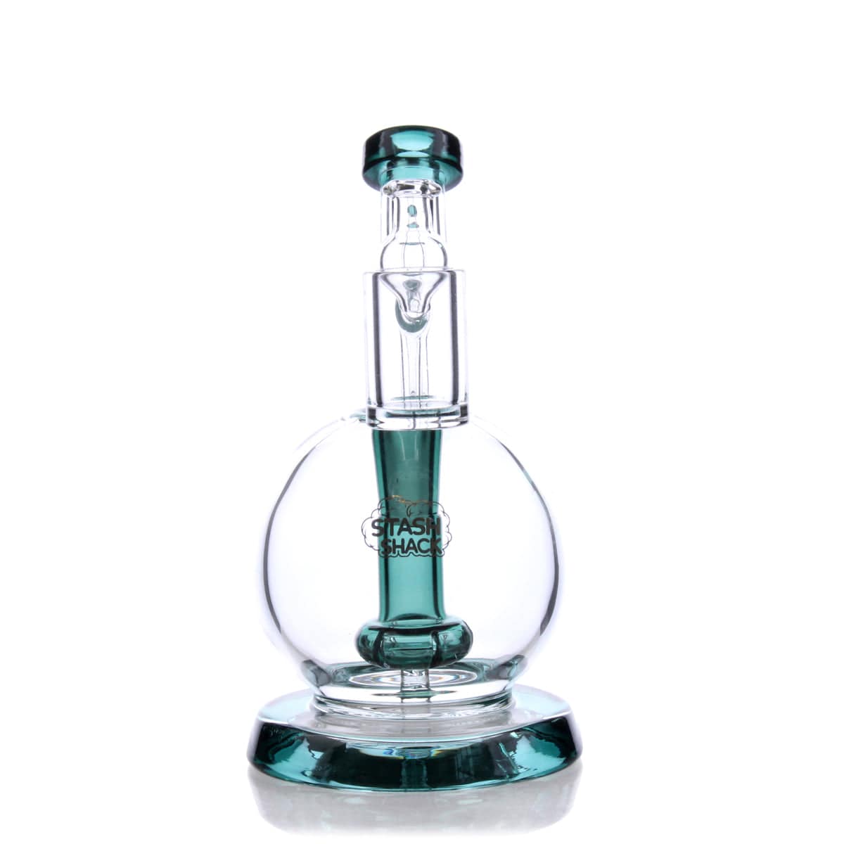 Front view of the TerpGlobe Mini Rig, a compact glass rig with a rounded base and a clear, cylindrical neck.