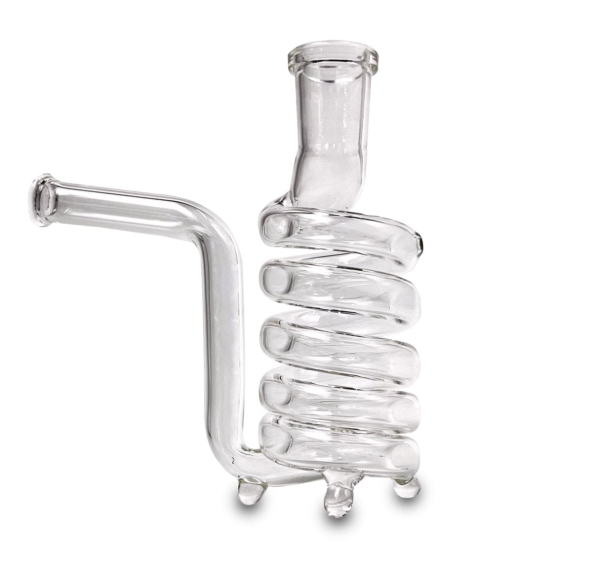 A close-up, angled view of the Standing Coil 14mm Glass Stem Sherlock, showing its clear glass coil and stem arrangement.