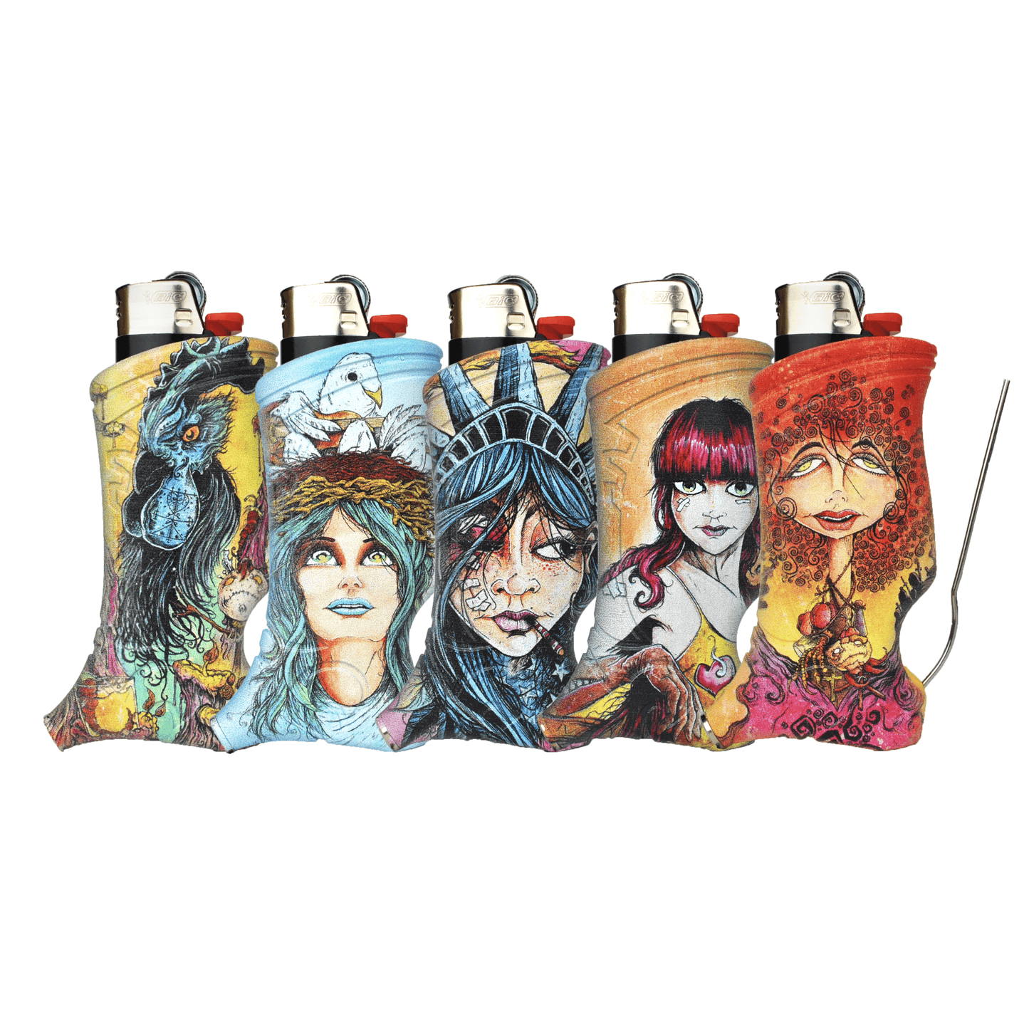 A close-up, angled view of the Lady Liberty & Friends - BIC lighters, each uniquely decorated with colorful, illustrative designs.